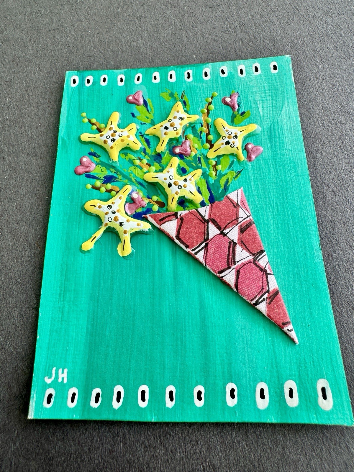 ACEO original relief painting 3-D colorful bouquet of flowers Aqua Background