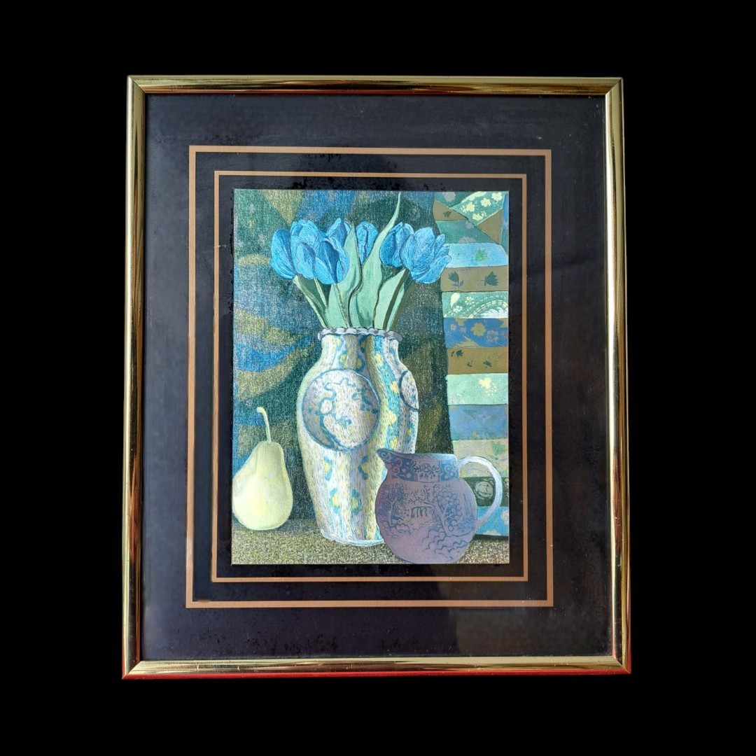 Rare and Elegant Vintage Still Life with Blue Tulips Painting