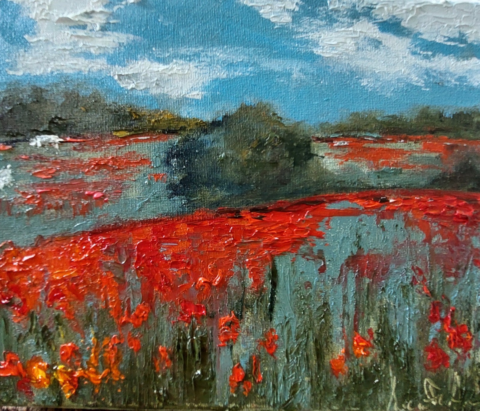 Oil original painting on canvas 10×8 inches Poppy field