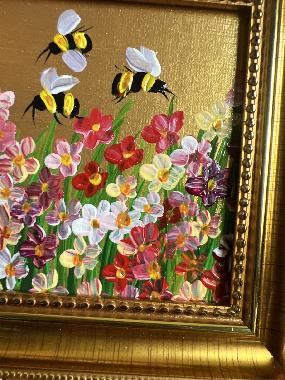 Bee, Honeybee Wild flowers, original,miniature Painting,small,mini, Framed