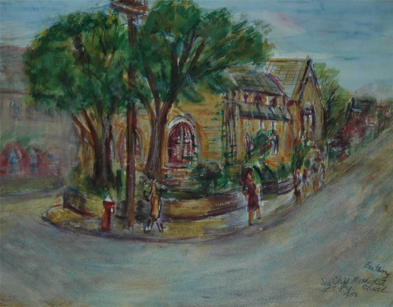 Watercolor Sea Cliff Methodist Church Long Island NY by Listed Artist Ben Ganz