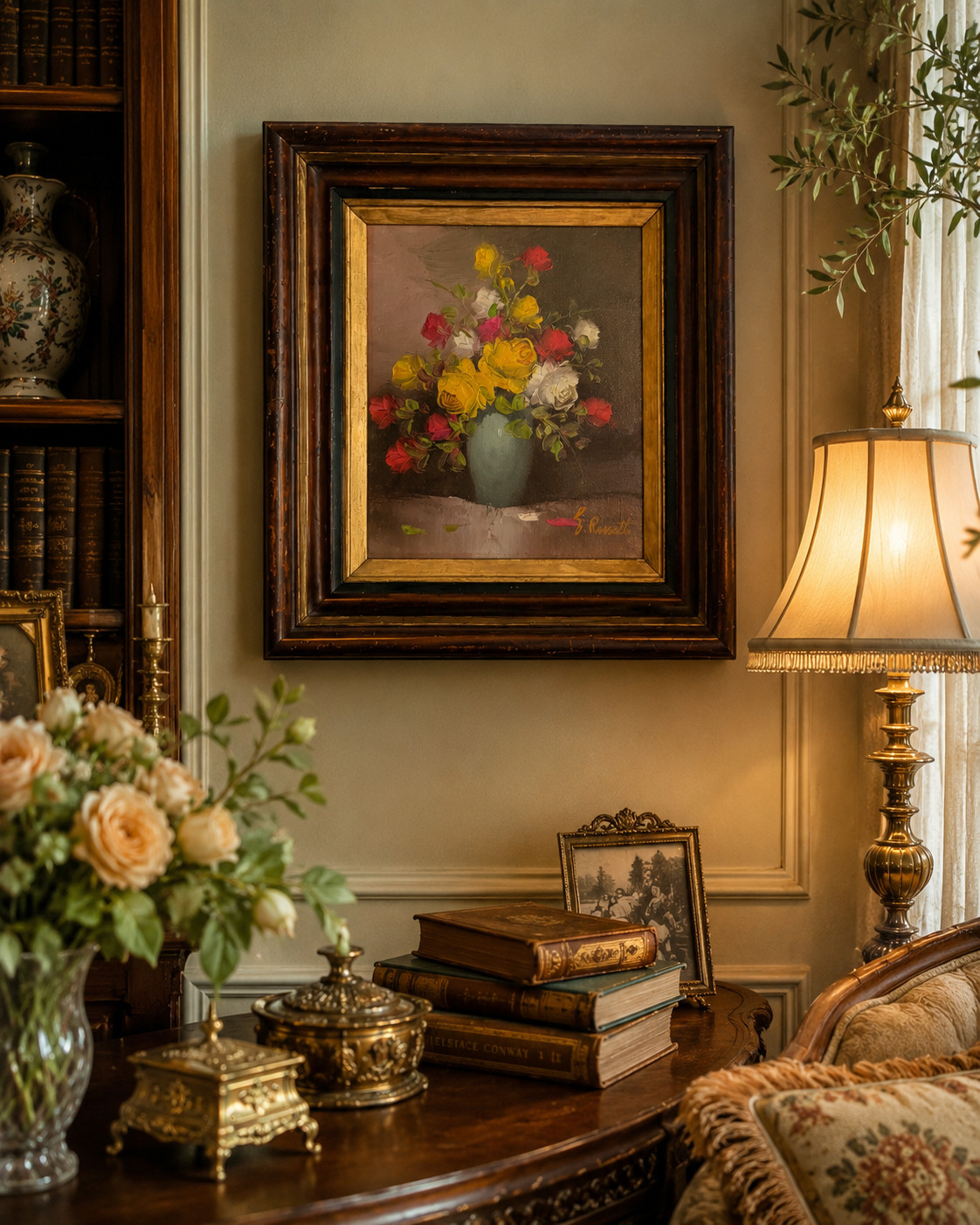 Vintage Signed Oil Painting Roses Floral Still Life Deep Wood Frame Original Art