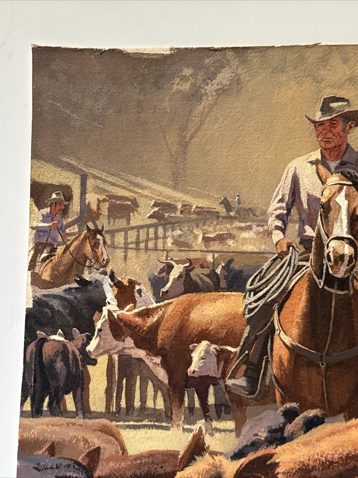 VINTAGE COWBOY PAINTING WESTERN RANCH COWBOYS FARM FARMING AMERICAN COWS