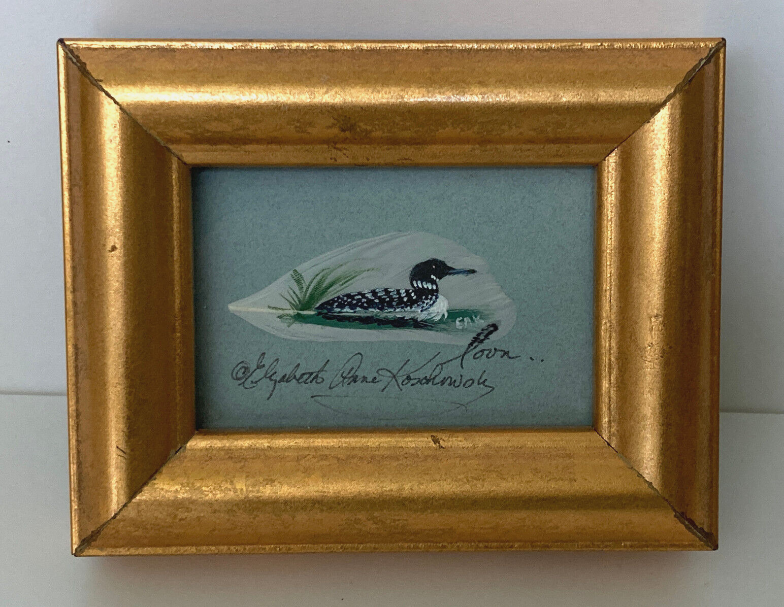 Framed Feather Art Acrylic Painted Loon on Swam Lake Signed Wall Art 4″ x 5″