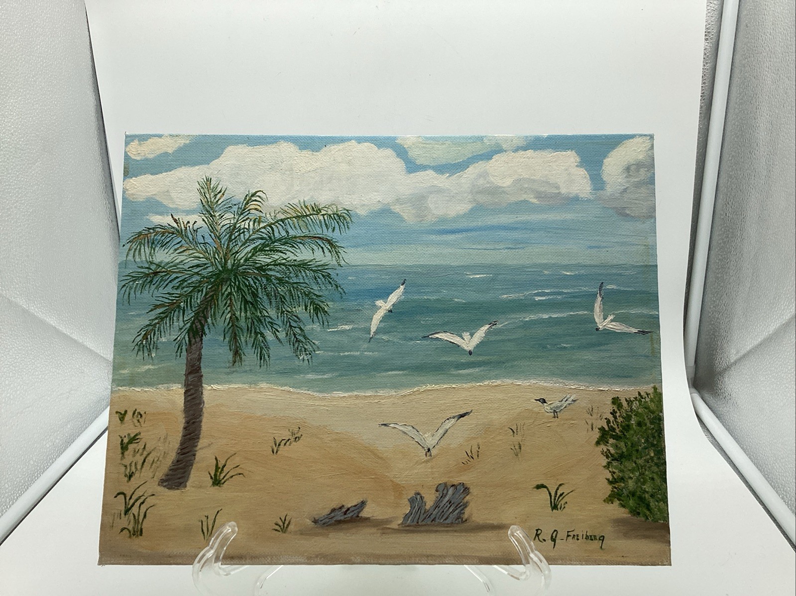 Original Signed Ruth G. Freiberg Beach Seascape Painting Palm Tree Coastal Art