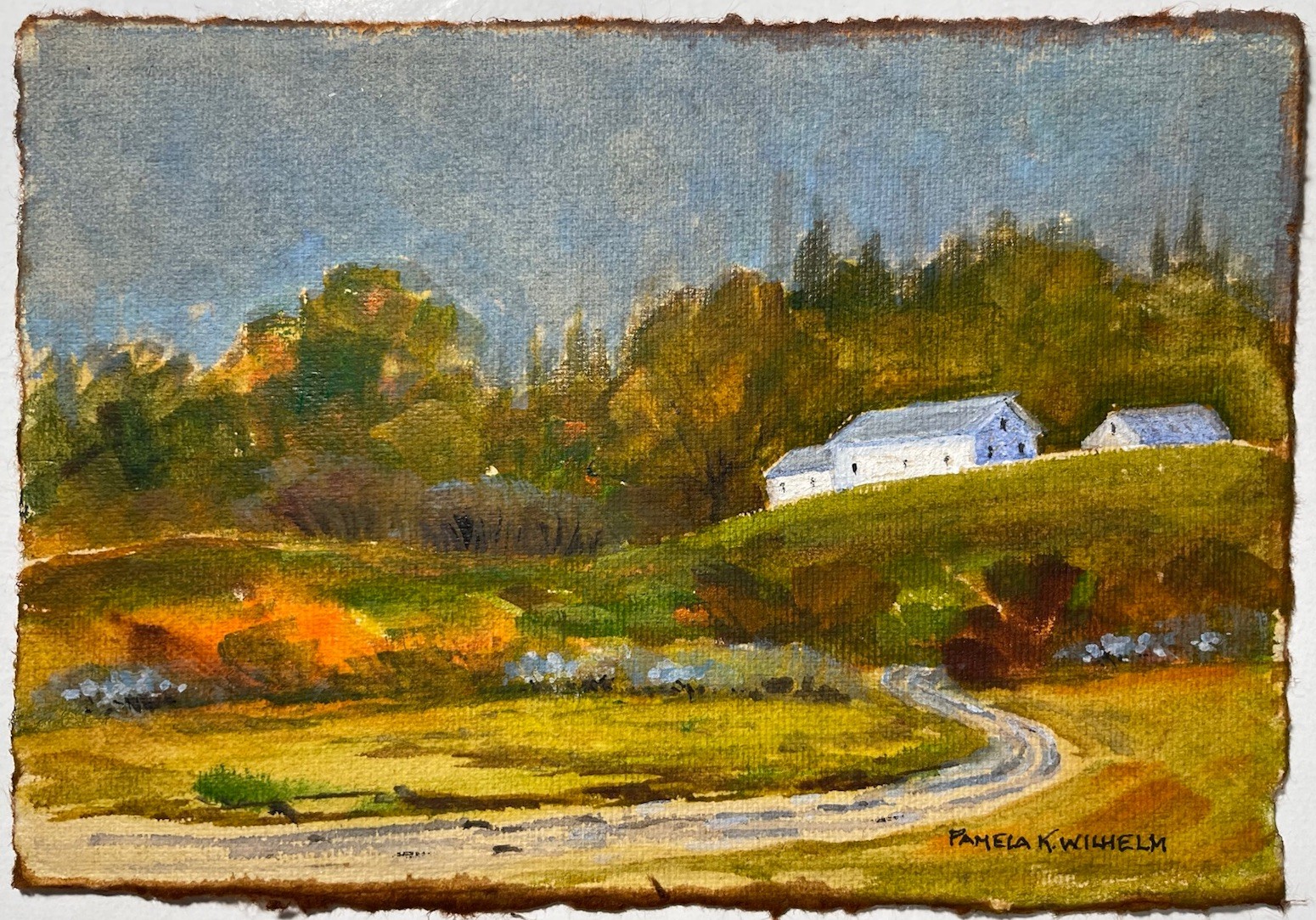 4”X6” Original Watercolor On Tea Stained Paper Up The Road Barn Pamela Wilhelm