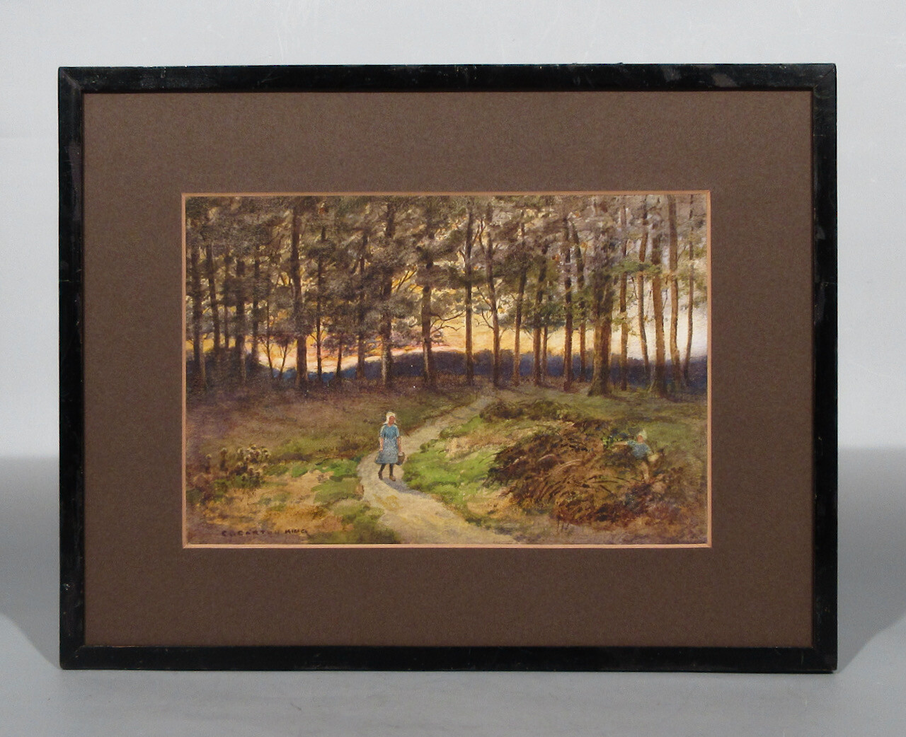 Vintage English Watercolor, Gathering Blackberries in Sussex, Landscape, Signed