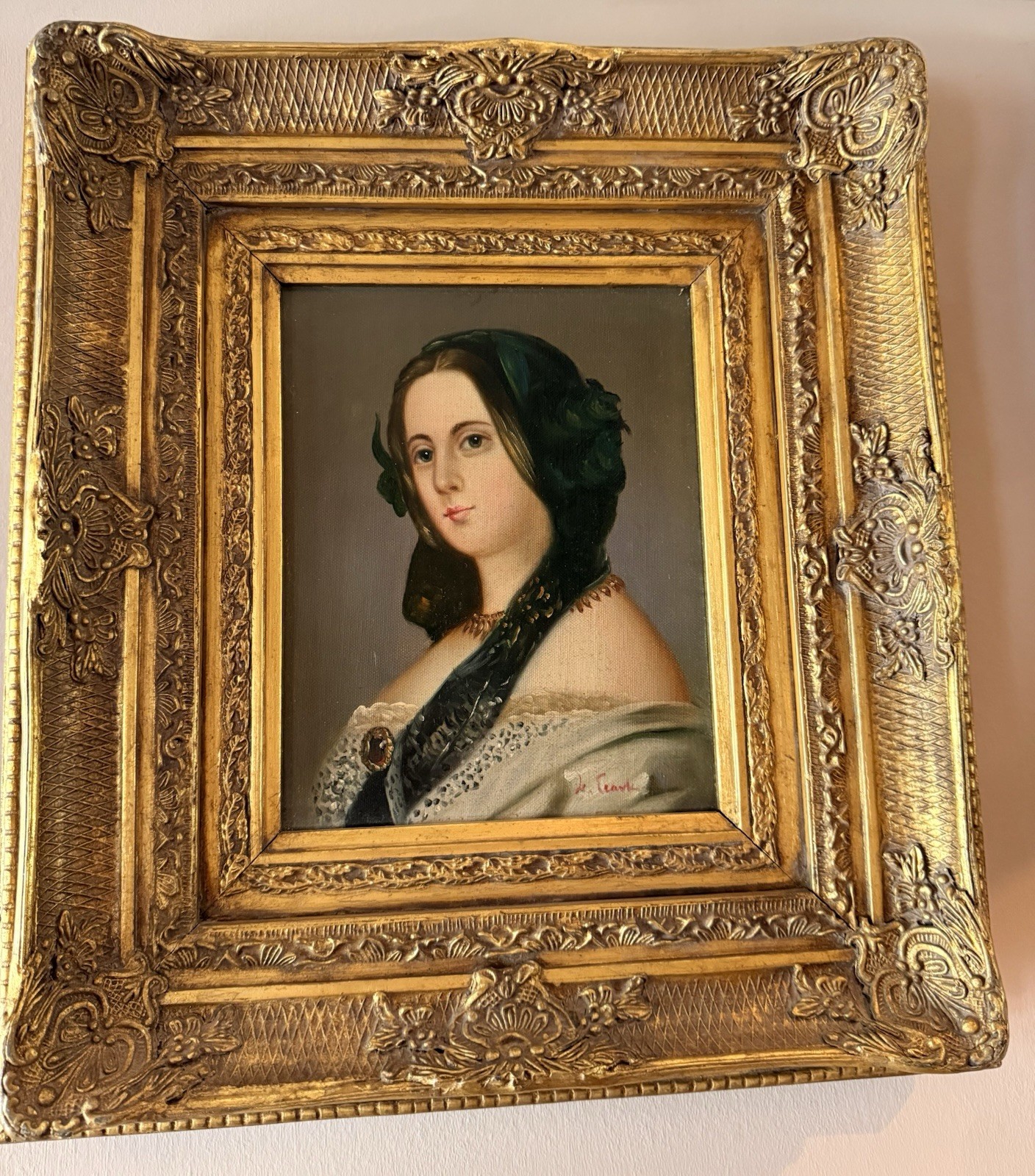 Oil Painting On Canvas ENGLISH YOUNG WOMAN PORTRAIT Ornate Gold Frame 17 X 19