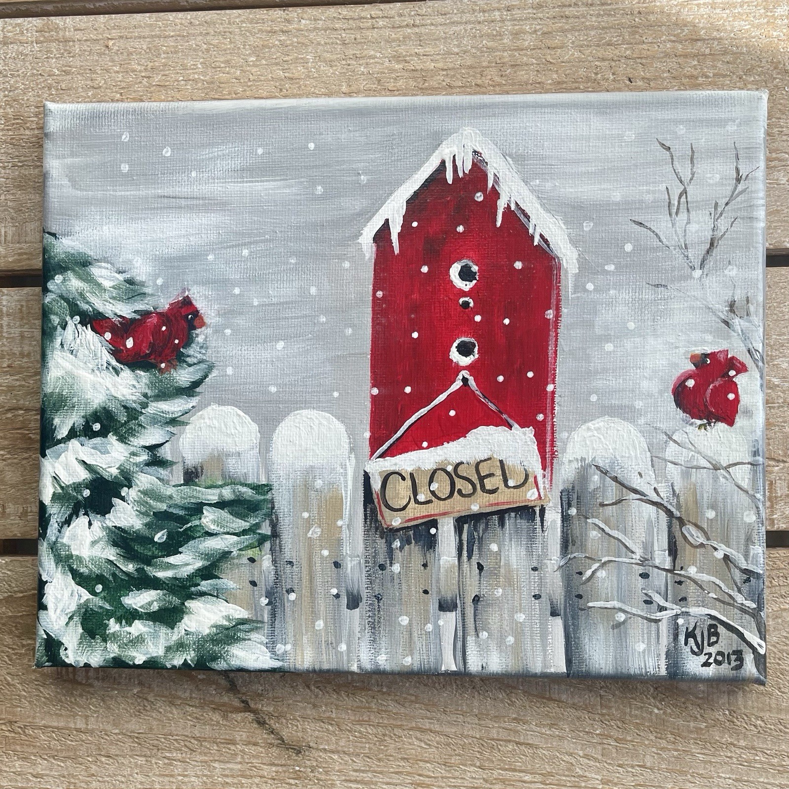 Original Acrylic Painting of Red Cardinals And Bird House 8×10 Wall Art