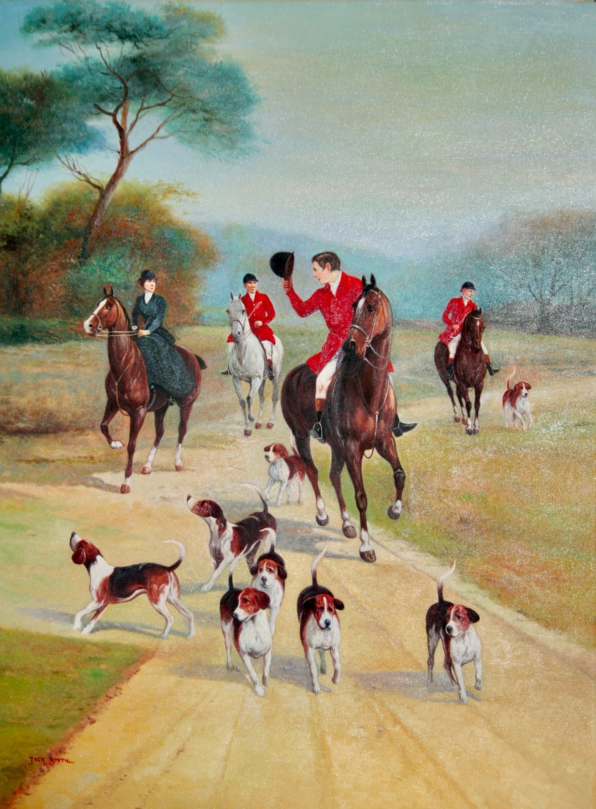Jack Smith Fox Hunt Oil Painting on Canvas 30×40 Equestrian Hounds British 20thC