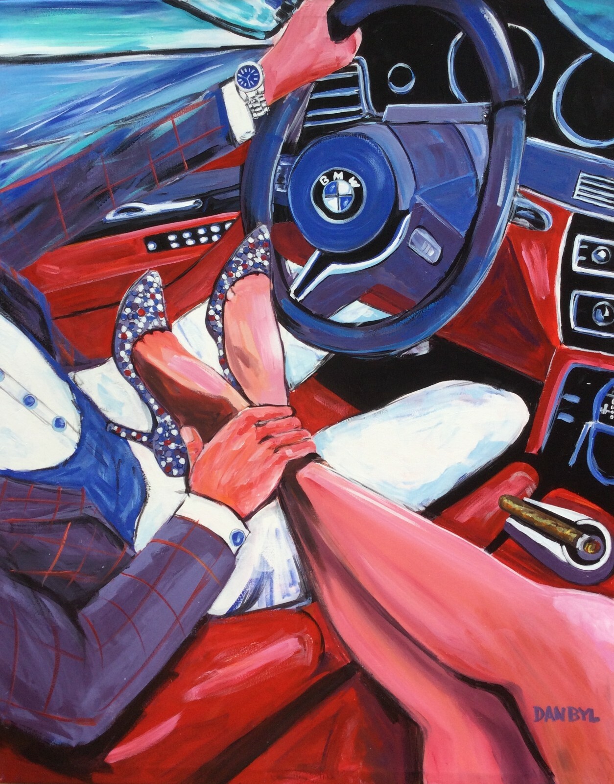 Sexy Super Car Legs Cigar Man Modern Original Art Painting DAN BYL Huge 4x5ft