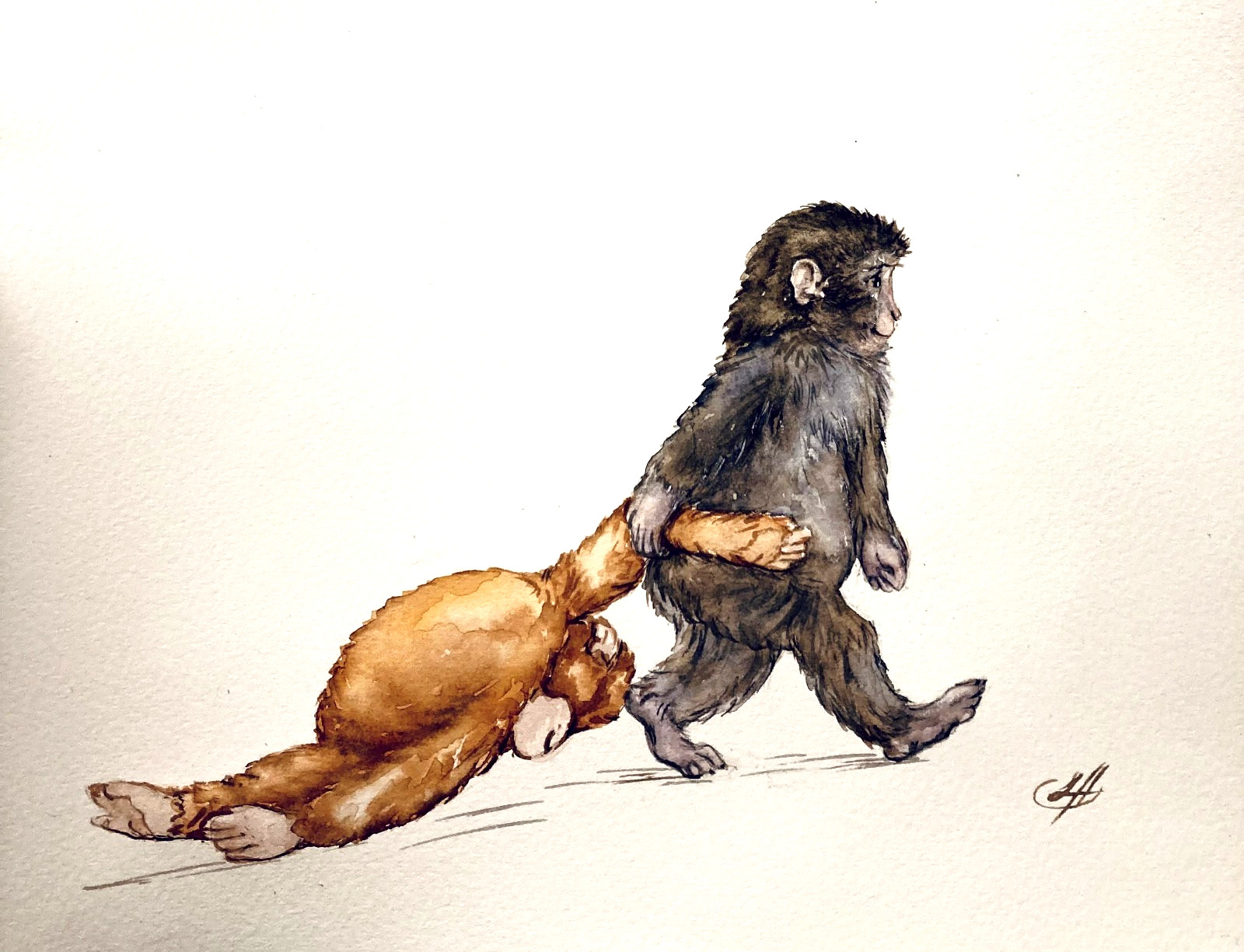 Baby Monkey Plush Toy Watercolor Original Painting Wildlife Art
