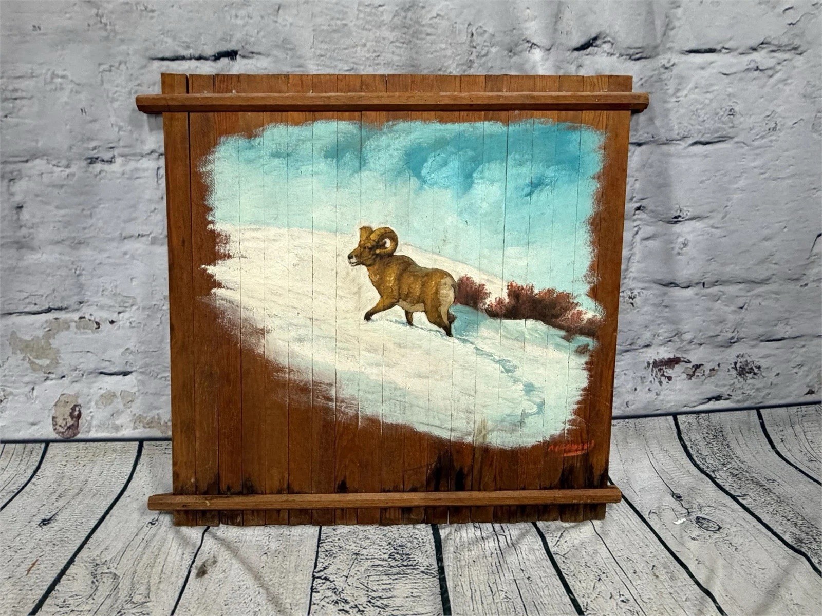 Hand Painted Bighorn Sheep Mountain Landscape Folk Art Wood Panel