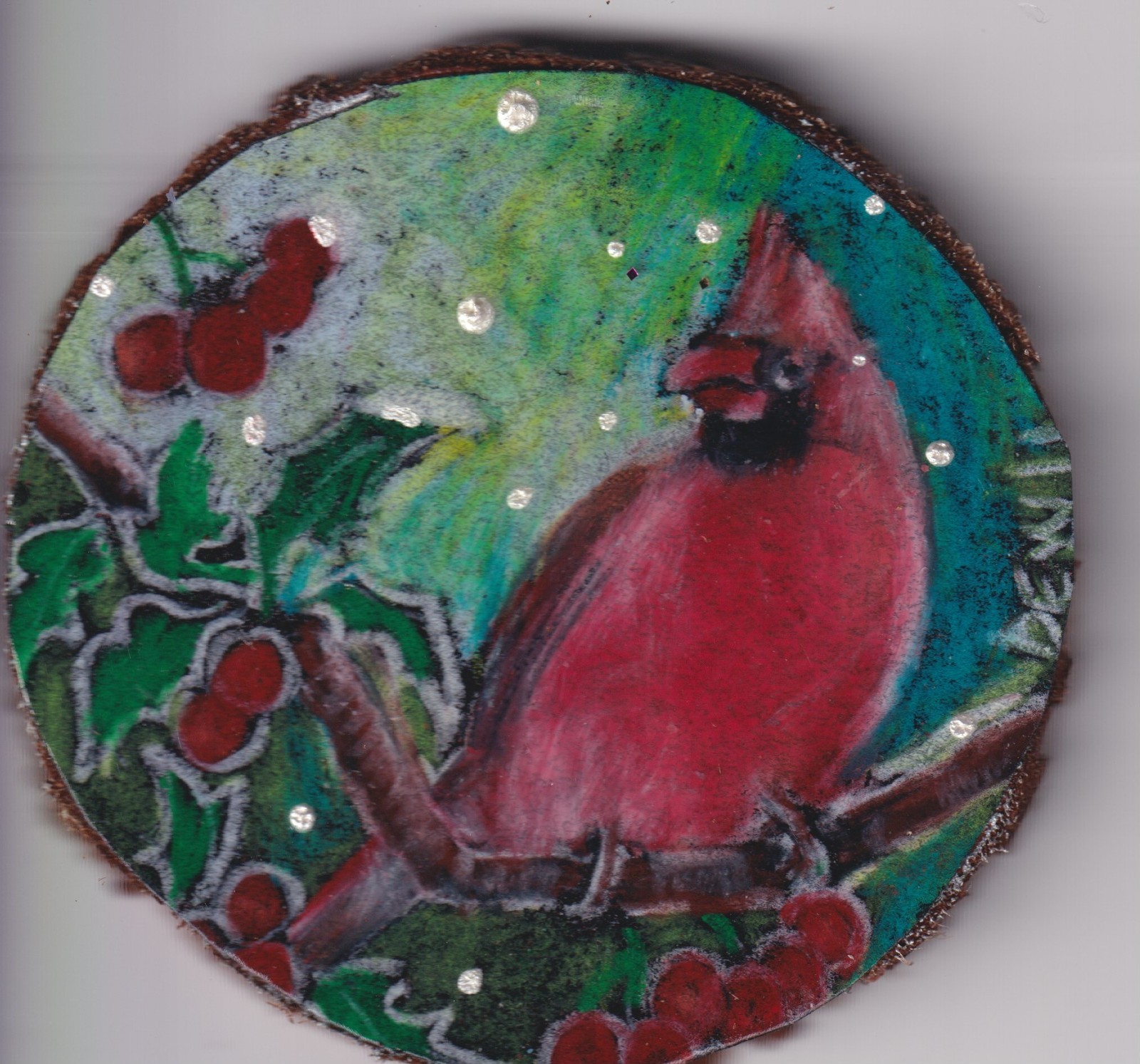 Ornament 16 -original painted red cardinal, stringed, 3″ dia on wood circle