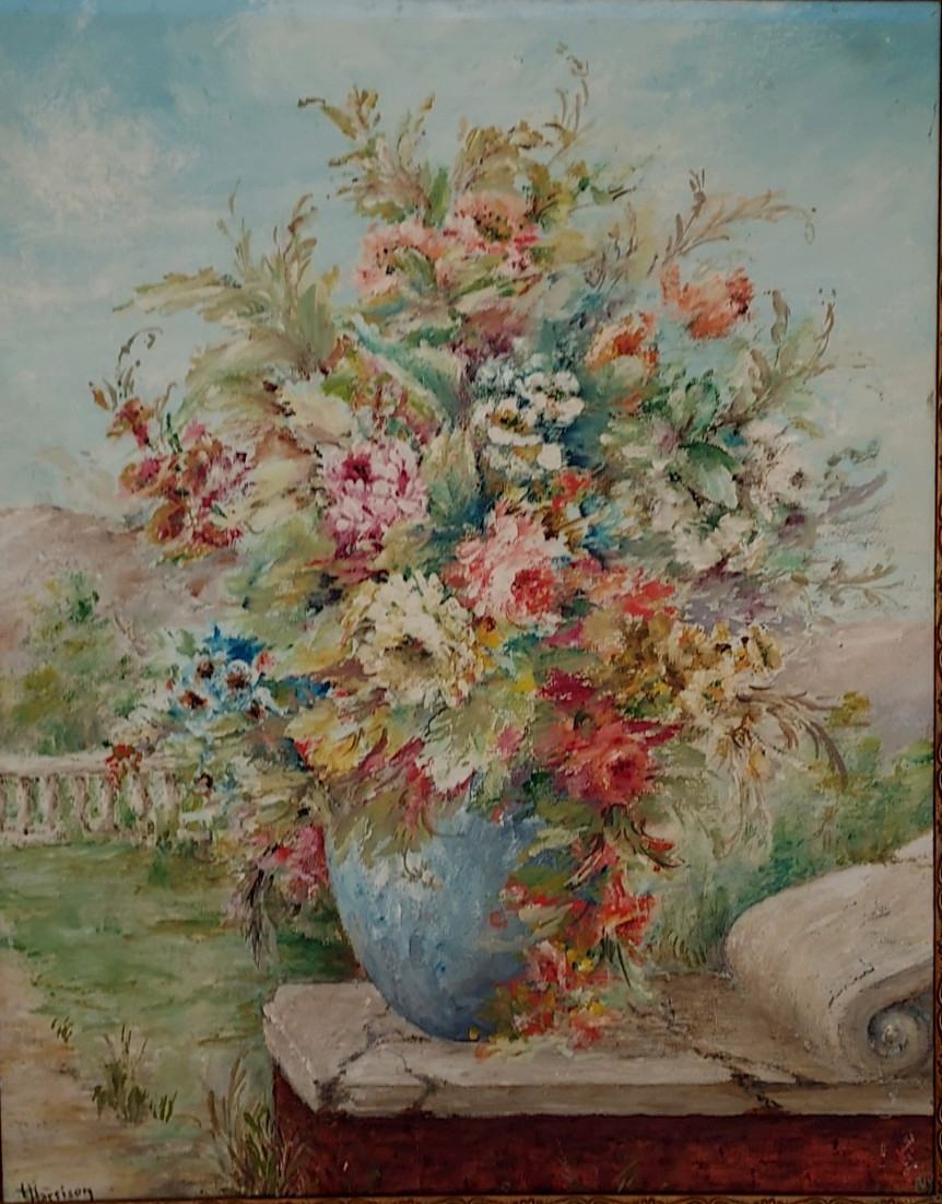 Gorgeous Rare Original Victorian Flowers Oil Painting Signed Harrison