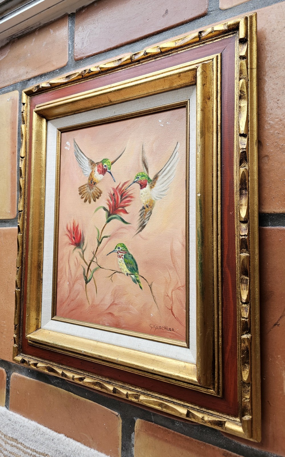 Mid Century Oil Painting HUMMINGBIRDS INDIAN PAINTBRUSH Flowers, MCM ART FRAMED