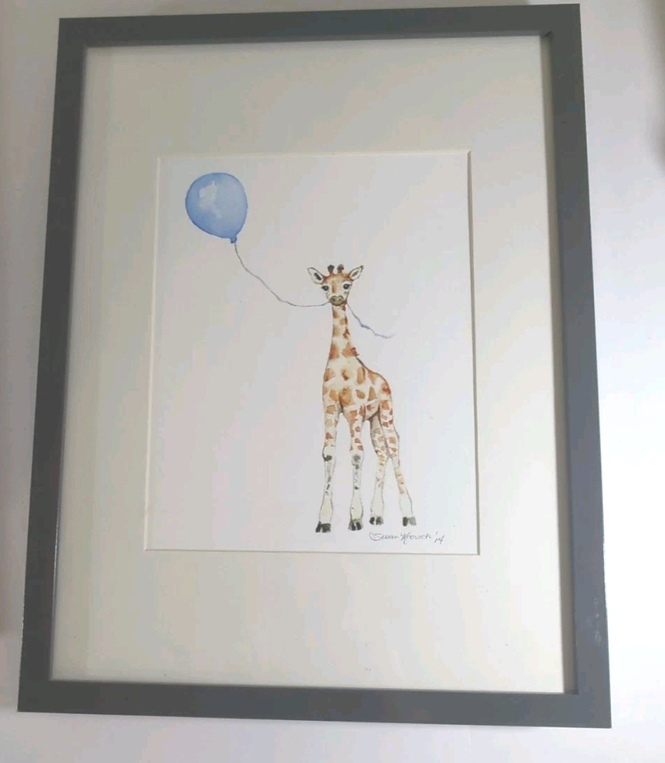 Framed Elephant & Giraffe Balloon Watercolor Prints Signed By Susan Knovich