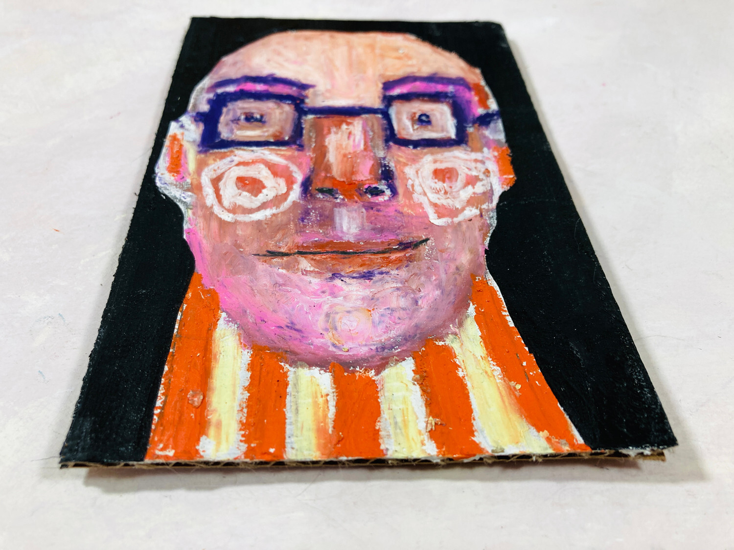 Man Portrait Painting 4×6 Expressive Naive Original Art Orange Yellow Stripes