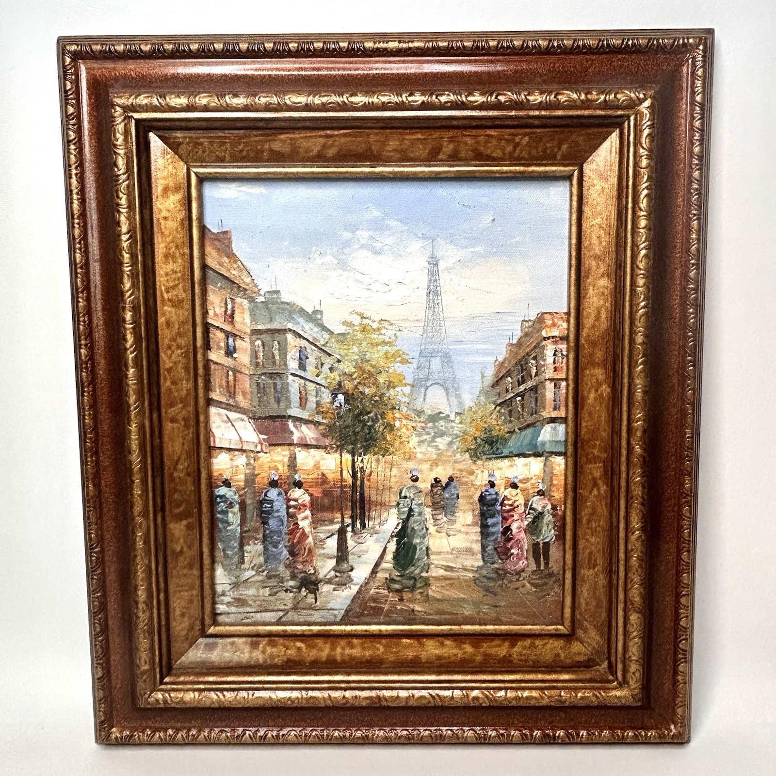 Hand Carved Gold Wood Frame w Paris Street Eiffel Tower Impasto Painted Canvas