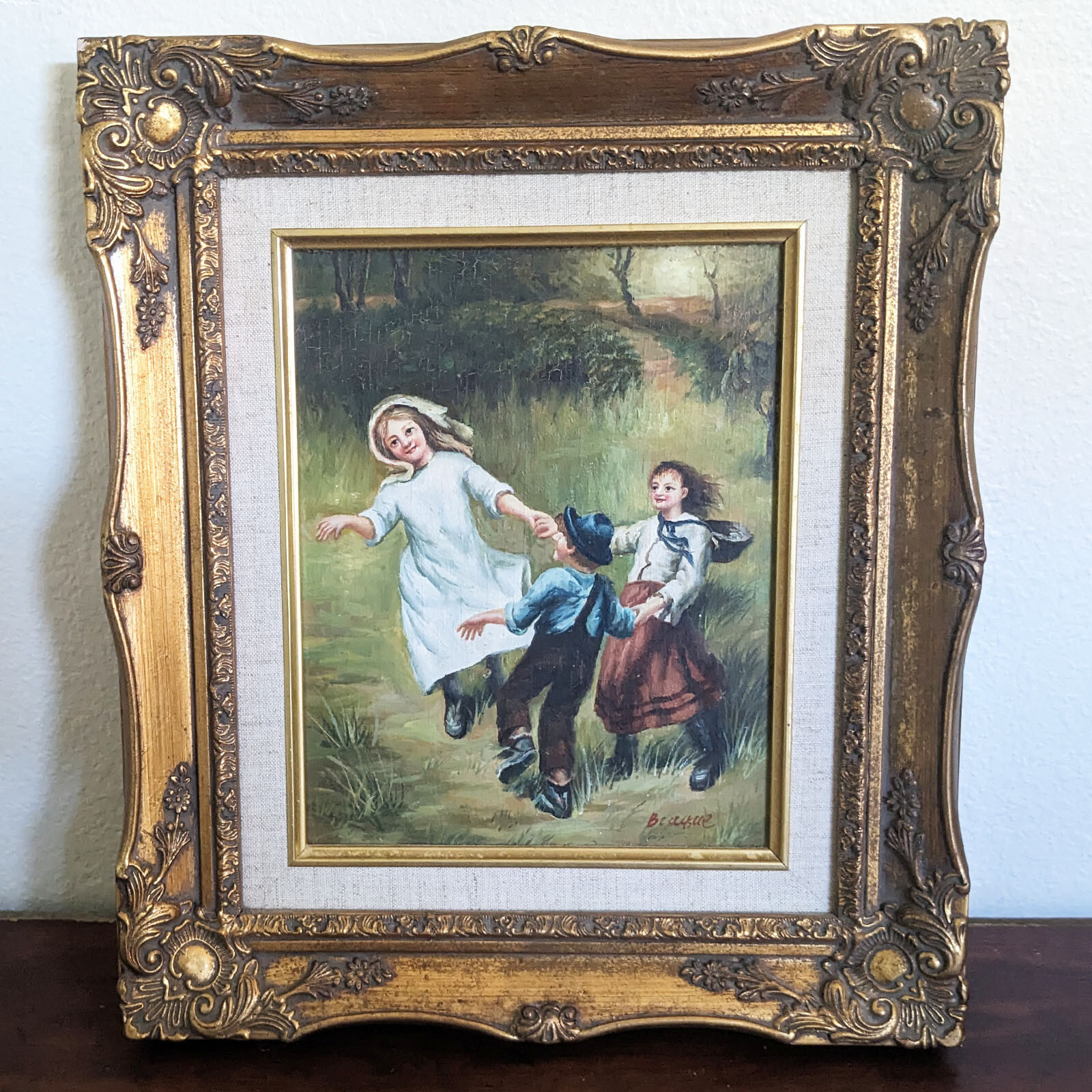 Vtg Oil Painting 3 Children Playing 15×13 after Frederick Morgan’s Ring A Roses