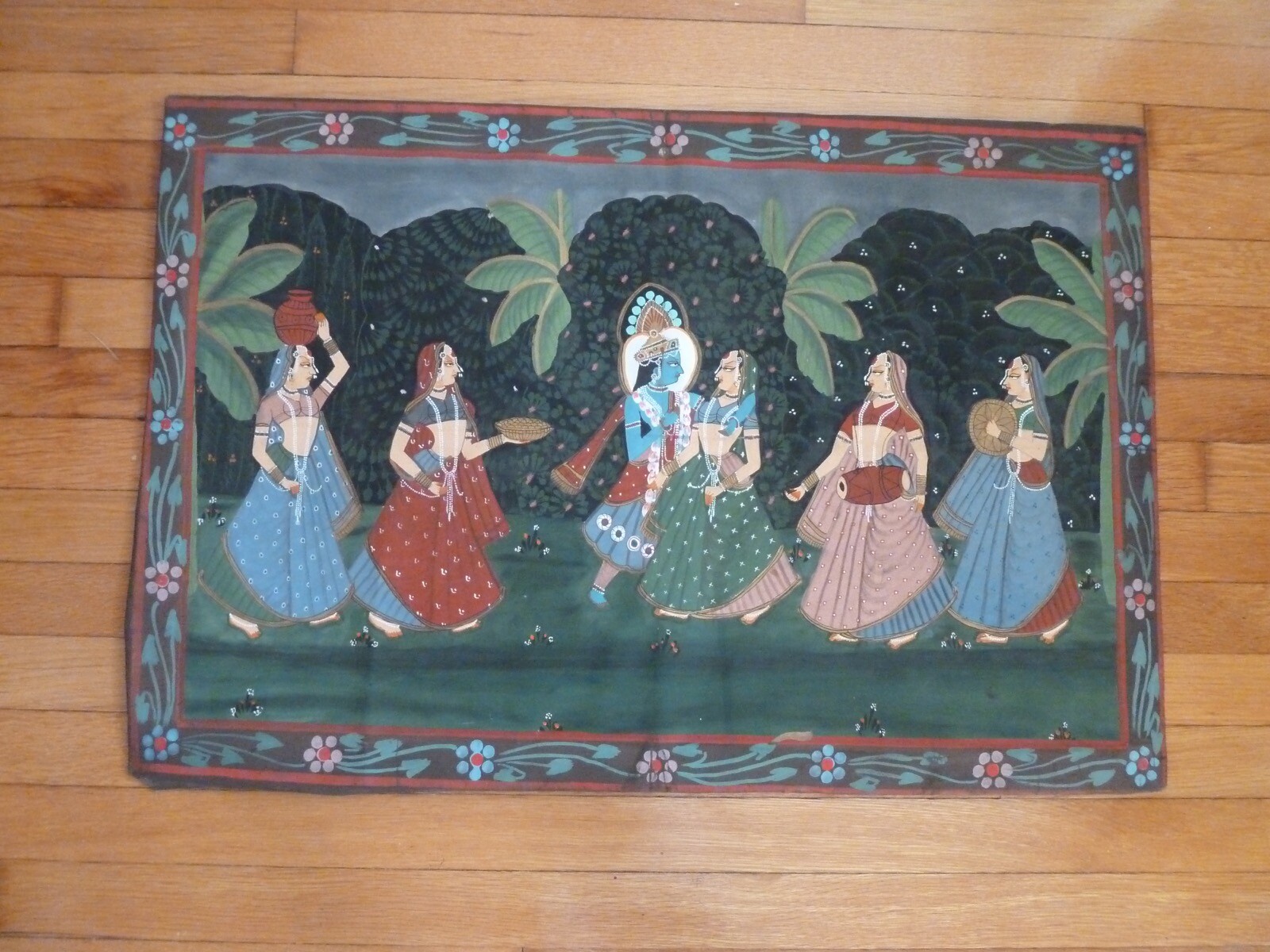 Vintage Pichhavai Painting of Krishna with Female Gopis Dancing 21 1/2 x 32 1/4″