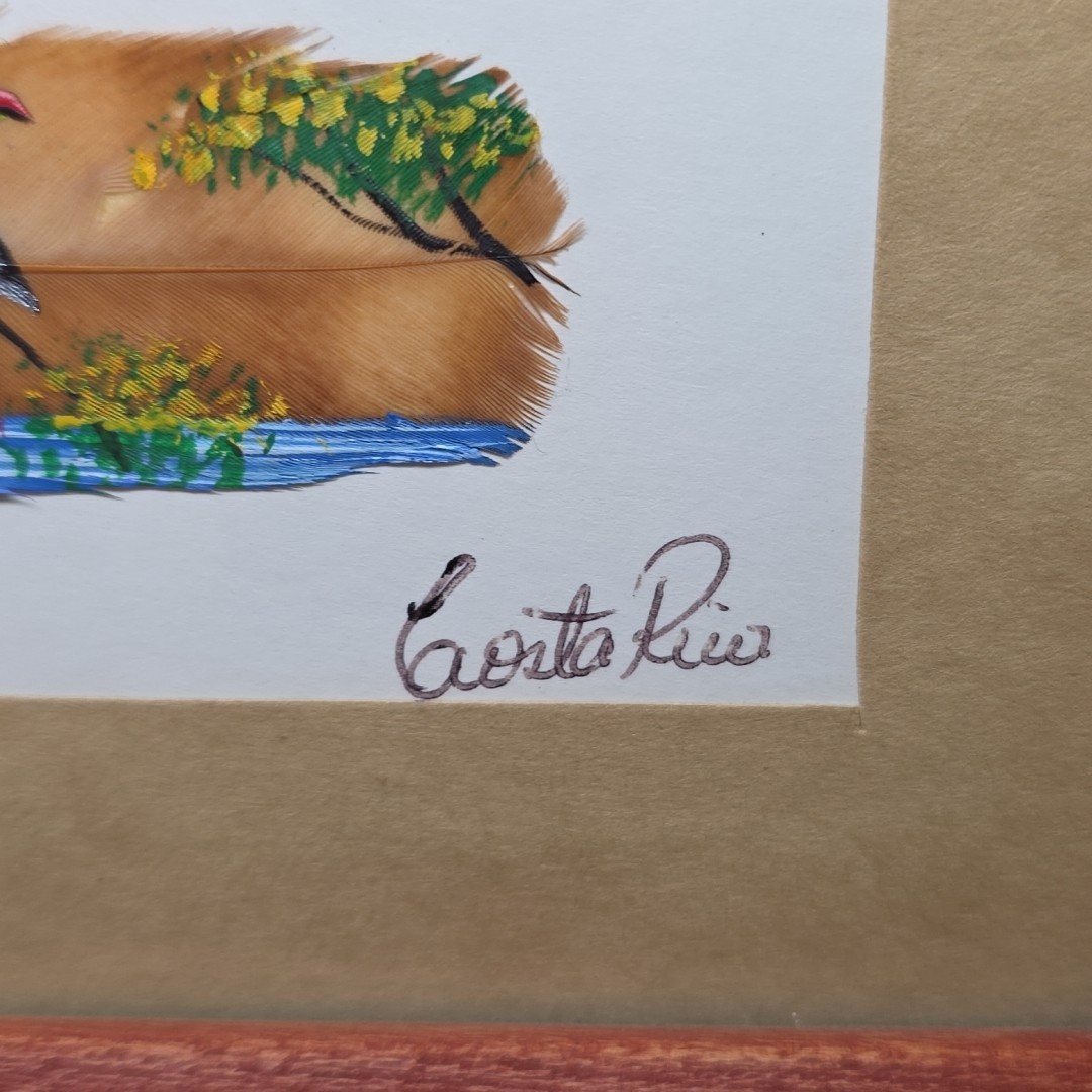 VINTAGE HAND PAINTED FEATHER ART TOUCANS ON BRANCHS COSTA RICA SIGNED FRAMED 2