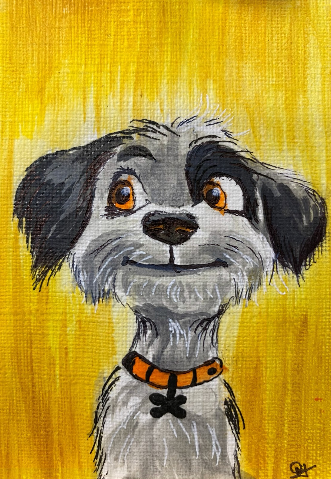 ACEO Original Acrylic Painting Cute Puppy Dog Portrait Yellow Background Fun Art