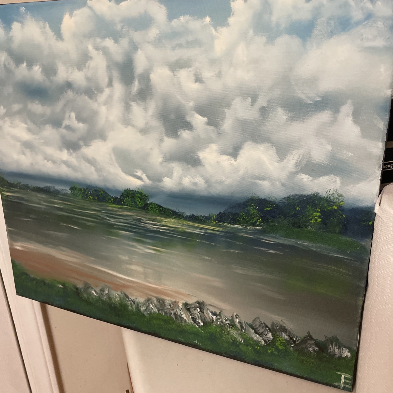 Oil Painting, impressionism, landscape, original, signed, Sky, blue clouds, Land