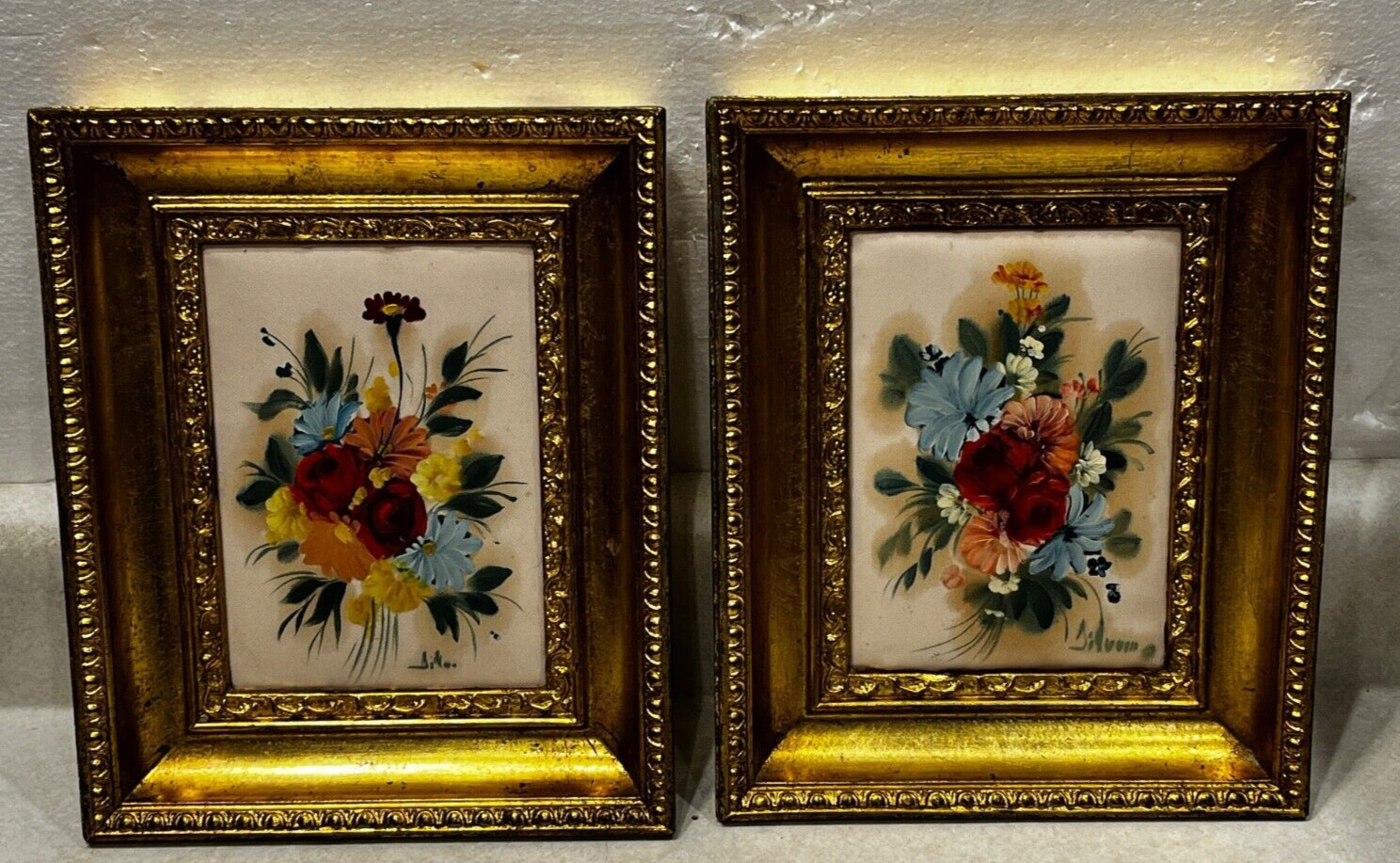 2 – Vintage Hand Painted Floral with ornate gold frame made in Italy