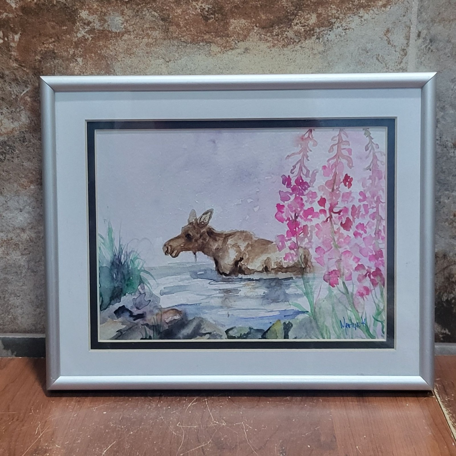 Watercolor Painting Art Print Moose in Water Pink Flower Signed MarLynk