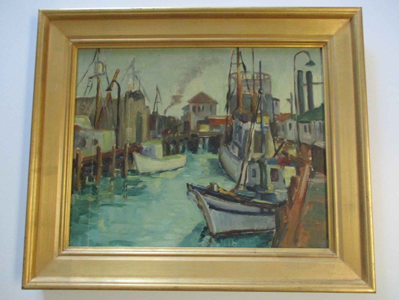 VINTAGE ANTIQUE OIL PAINTING AMERICAN REGIONALISM NAUTICAL PORT COASTAL BOATS