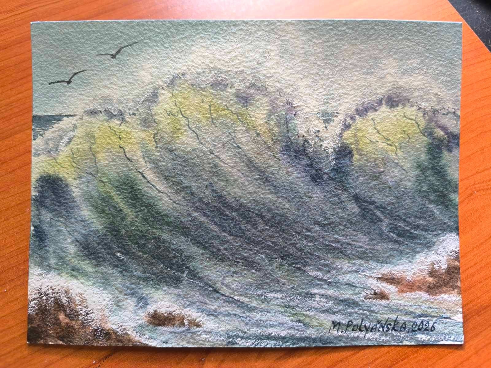 WAVES LAGUNA BEACH BIRDS Original Modern Art Painting Landscape Seascape Gift A5