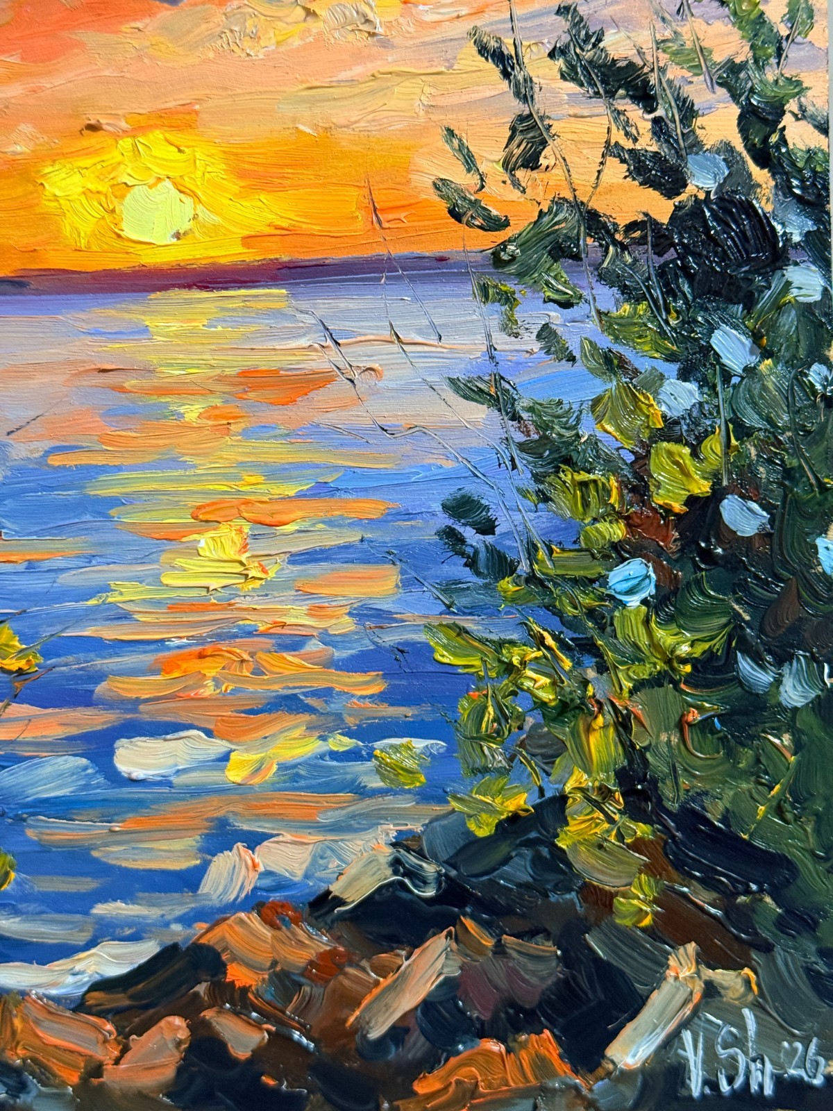 SUNSET RIVER AUTUMN LANDSCAPE ORIGINAL Impressionism Art Oil painting Signed