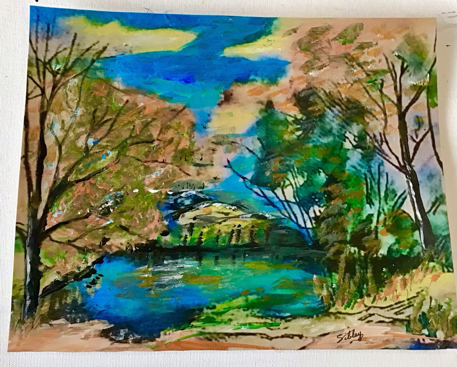 Original 8×10 Signed Landscape Painting Serene Peaceful “LAKE IN AUTUMN”