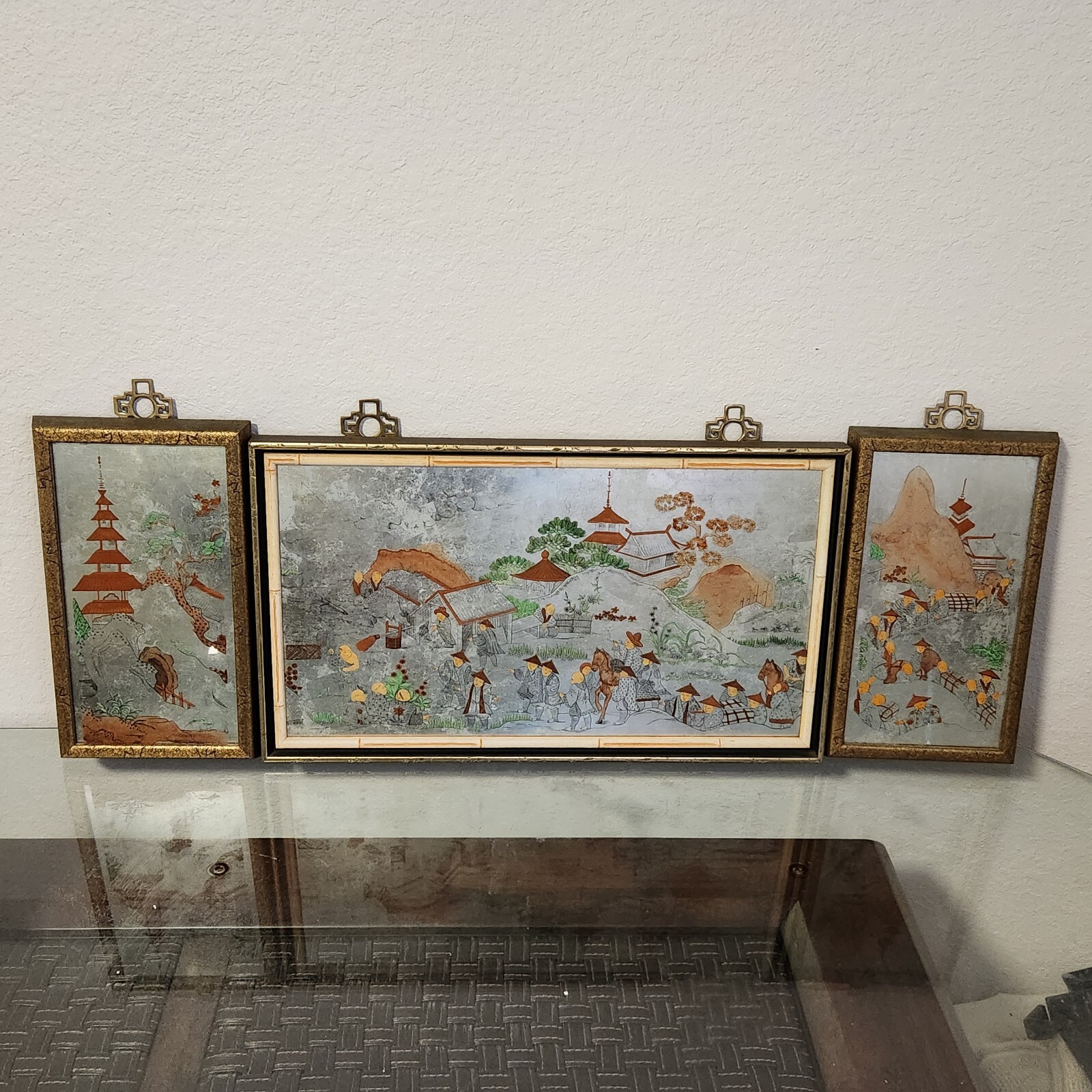 SET 3pcs Antique Collectible Asian Foil Art Painting Vintage Traditional Chinese