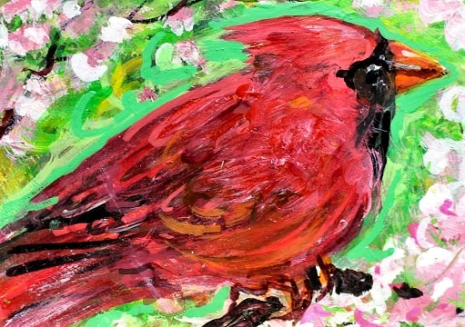 ORIGINAL ACEO BIRD Painting Male Northern CARDINAL Spring Nature Bird ATC ART