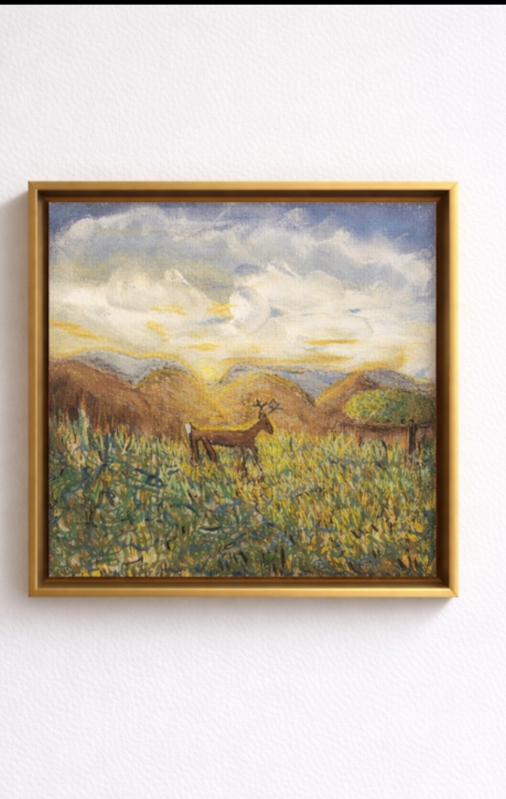 A Deer in Meadow Landscape Original Acrylic Painting 8×8.