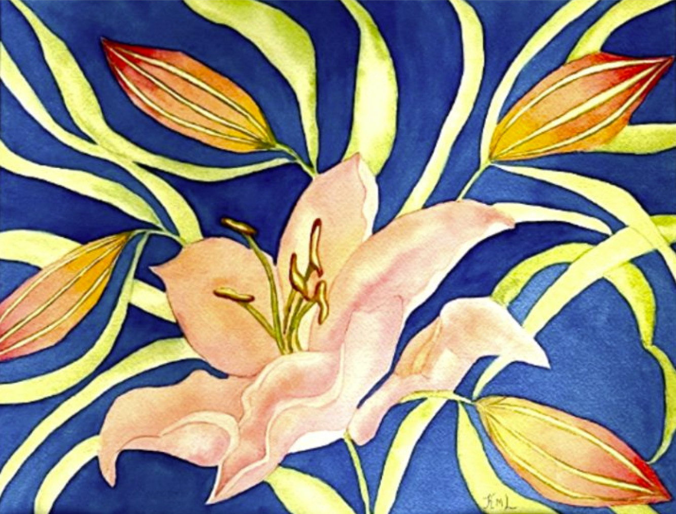 PAINTING WATERCOLOR 11X14 AND WHITE MAT 16X20 FLOWER LILY ORANGE PINK CORAL ART