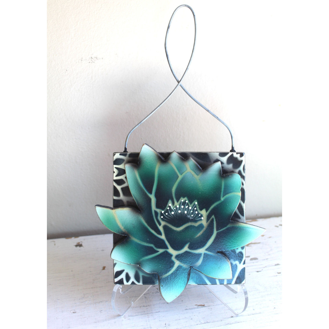 Handmade Teal Water Lily Punk Gallery Wall Art Airbrush Stencil w Wire Hanger