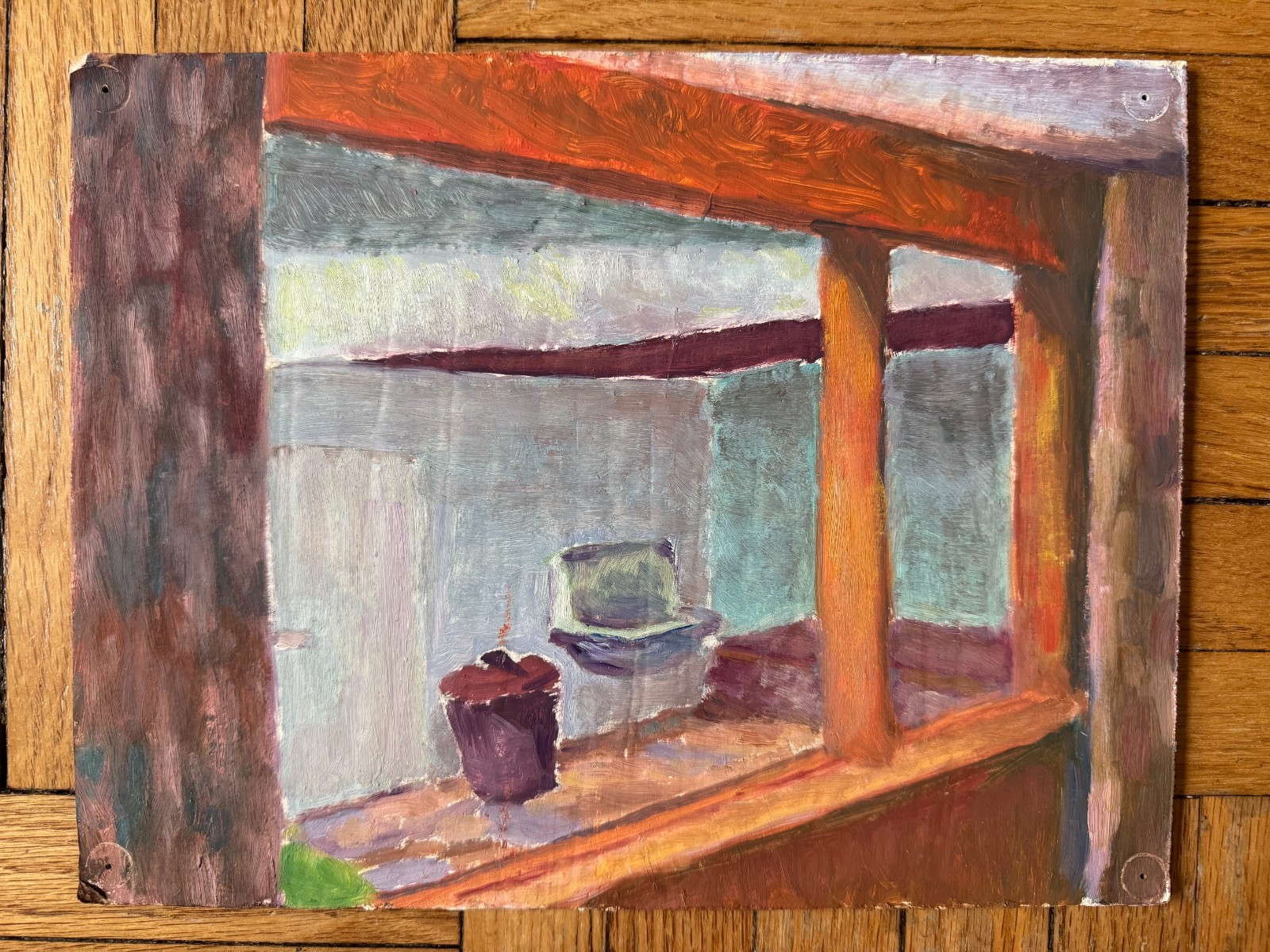 Vintage Painting Acrylic Cardboard Interior Basement Scene Peter Feldman 8.5×11