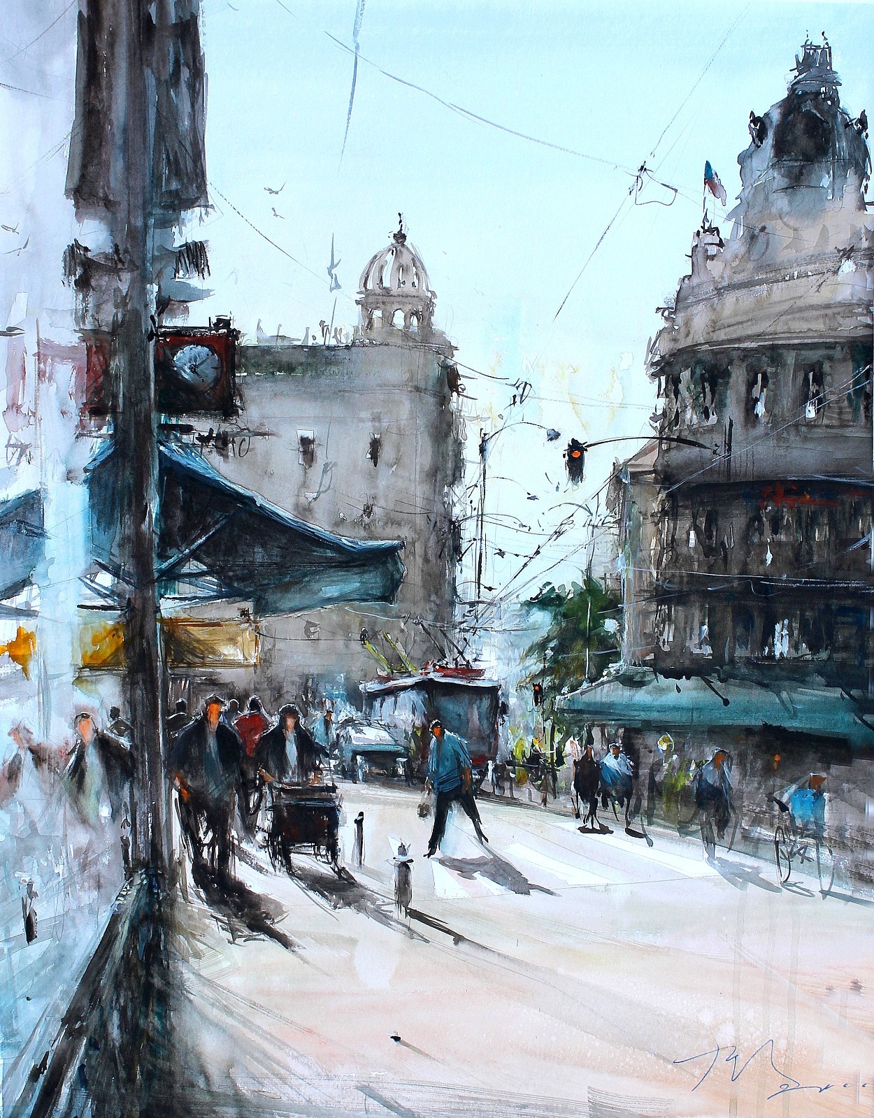 ORIGINAL PAINTING WATERCOLOR BRNO CITY SCAPE STREETS CAR URBAN MODERN 26″x 22″in