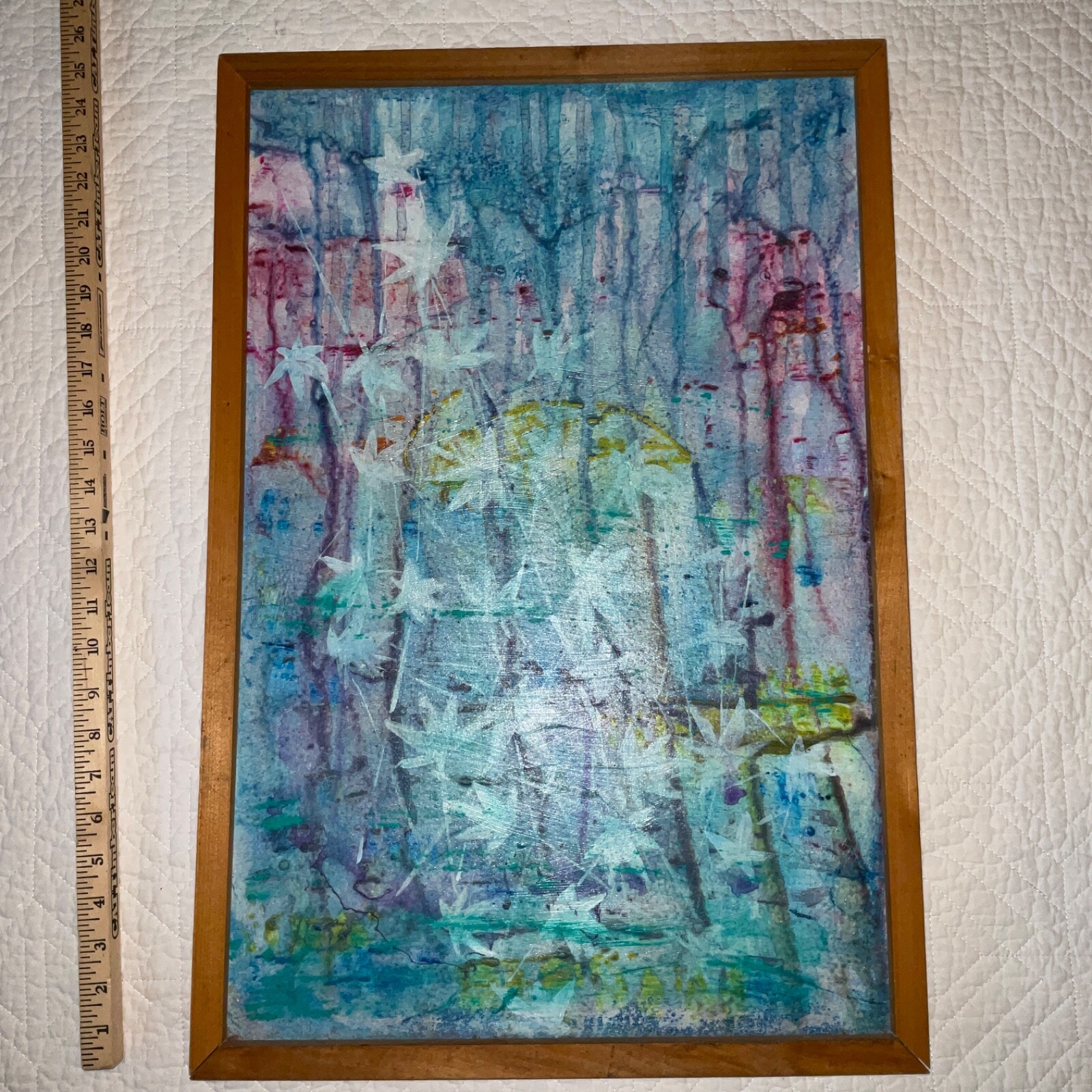 Abstract original hand painted PAINTING collage signed aqua blues falling leaves