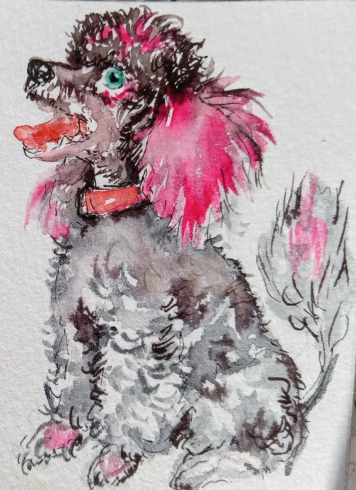 Aceo Pink Gray Poodle Pet Dog art,Watercolor painting Pet Dog Lover unique gift