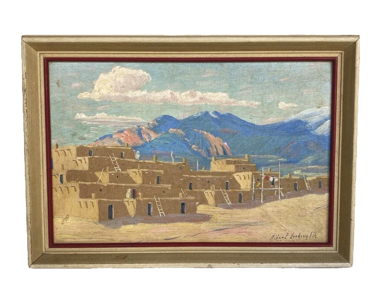 Orig Albert Looking Elk (Martinez) Oil Painting, Taos Pueblo, Framed 14″ x 10″