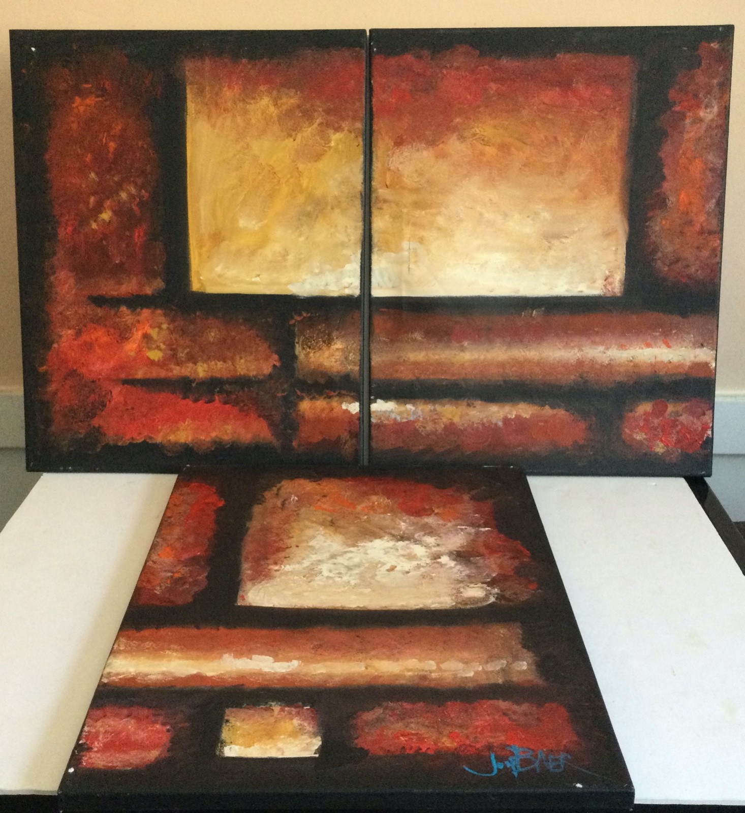 Joy Baer – Set of 3 Paintings Fresco Casein on Canvas «Sanctuary» Signed