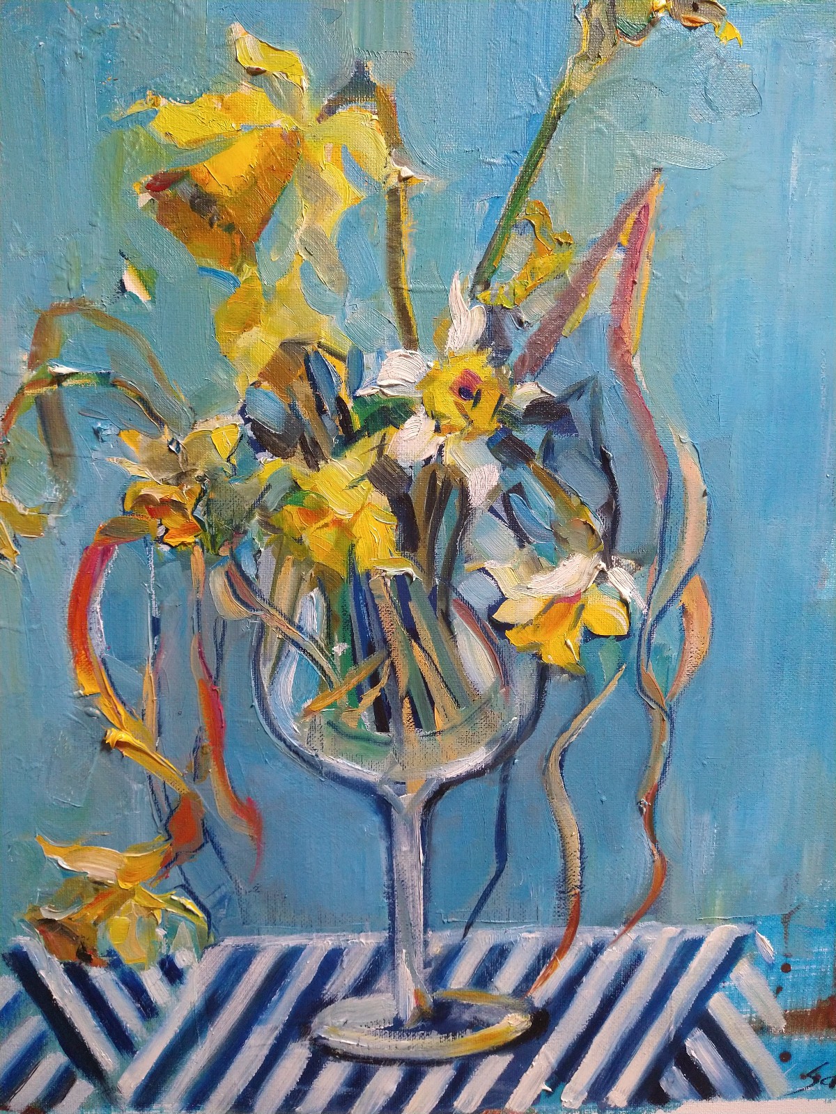 Original oil Still life 20″x20″, Flowers, Daffodils, Blue, Contemporary art