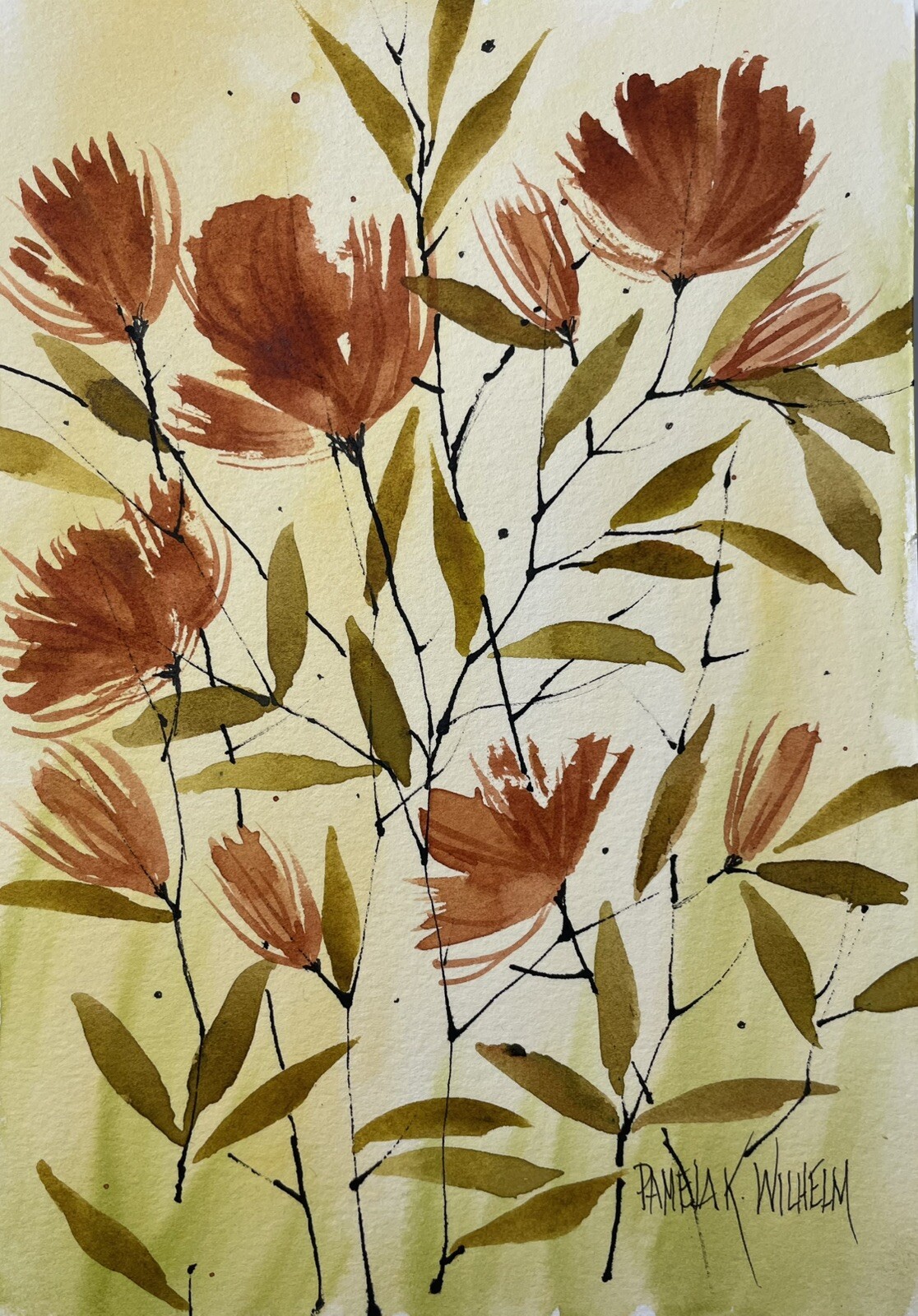 Pamela Wilhelm Original Watercolor 5”x7 Original Rust Orange Floral Stems Leaves