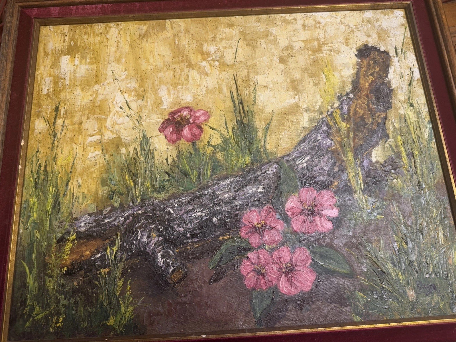 Original Abstract Painting Framed Nature Flowers 20×15” Colorful Textured Art