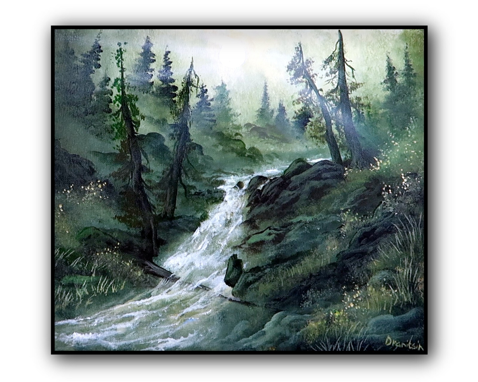 Original Acrylic Landscape Painting 12×14″ FALLEN WATERFALL TREE Wall Art