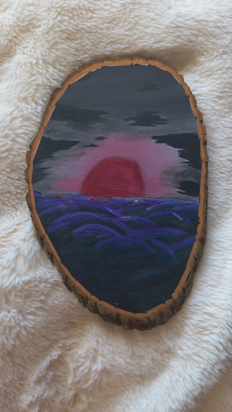Small Acrylic Wood Slab Painting. Stormy Red and Purple Ocean
